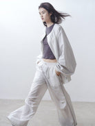 RARELY ALIKE Adjustable Collar Balloon Sports Jacket in White - On Female Model
