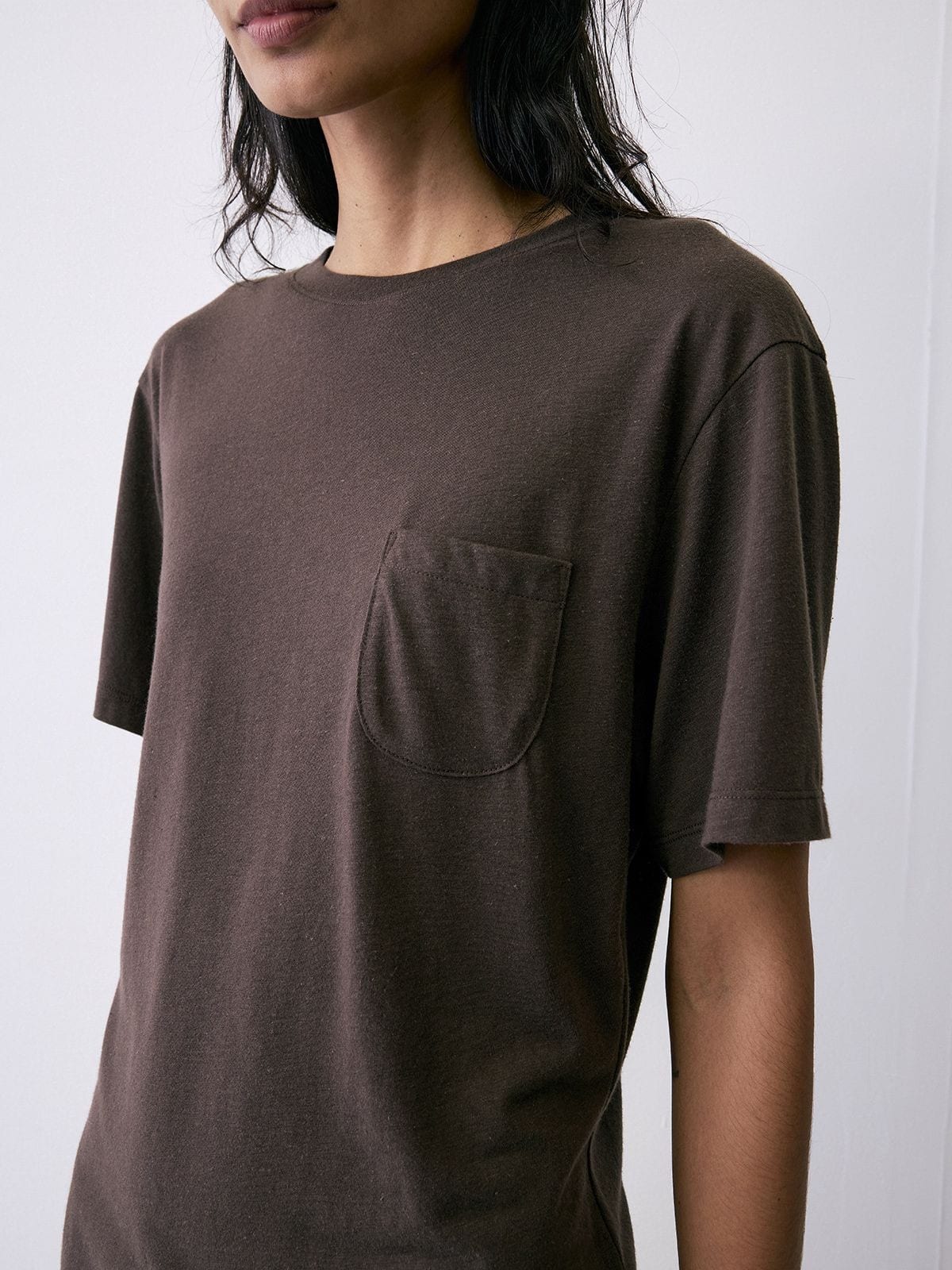Random Piece Linen Blend Pocket T Shirt in Brown - On Female Model