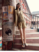 TEASEL Silk Blend Sheer Resort Shirt in Olive - On Female Model