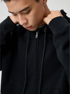 SIMPLE PROJECT Cotton Blend Zip Up Hoodie in Navy Blue - On Male Model