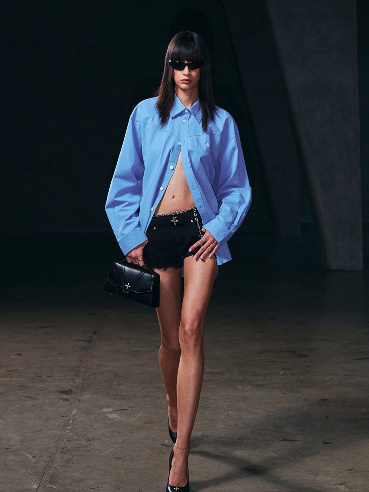 SMFK Cotton Button Up Cargo Shirt in Blue - On Female Model