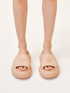 SMFK 7cm Platform Embossed EVA Slides in Beige - On Female Model