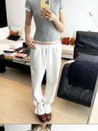 RARELY ALIKE Hourglass Cotton Crew Neck T Shirt in Gray - On Female Model