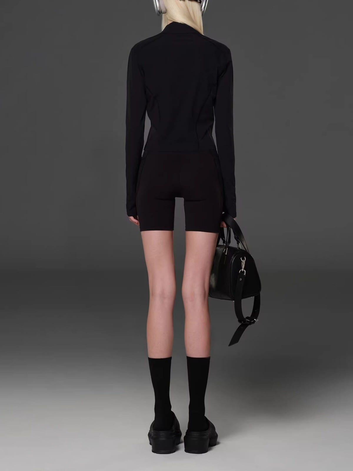 SMFK Cropped Zip Front Nylon Jacket in Black - On Female Model
