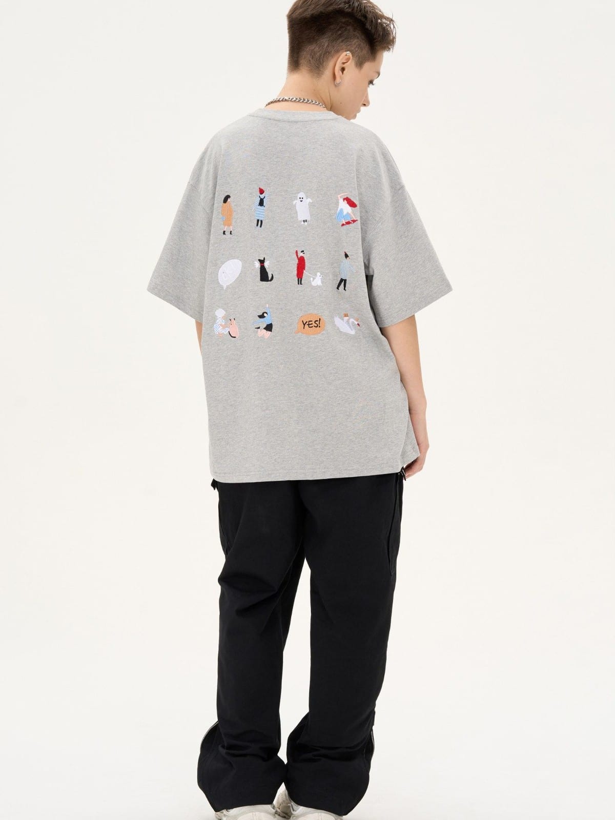 LOSTCTRL Cartoon Embroidery Cotton T Shirt in Gray - On Model