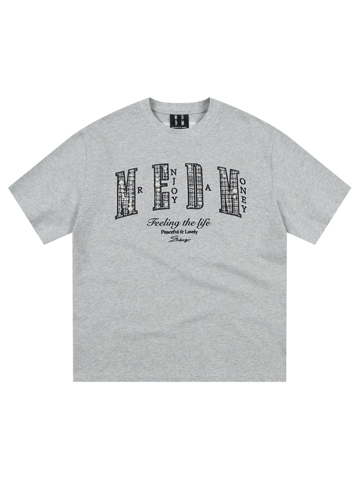 MEDM Pearl Embellished Letter Cotton T Shirt in Gray