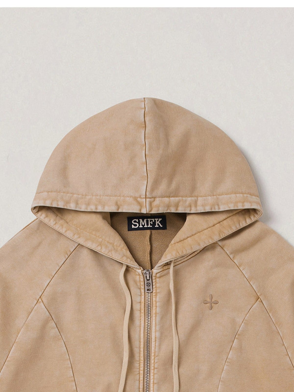 SMFK Distressed Washed Cotton Zip Up Hoodie in Beige - Detail