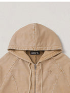 SMFK Distressed Washed Cotton Zip Up Hoodie in Beige - Detail