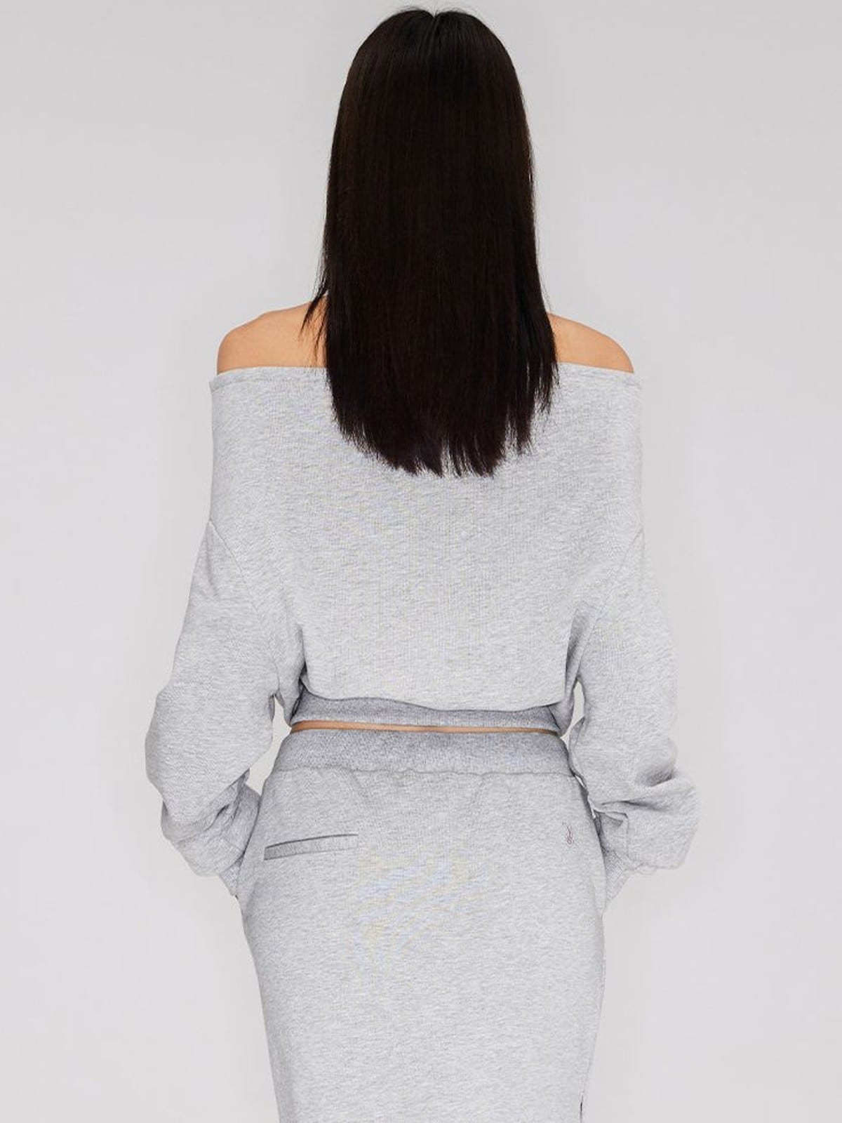 RARELY ALIKE Off Shoulder Zip Up Sweatshirt in Gray - On Female Model