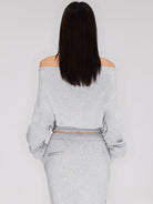 RARELY ALIKE Off Shoulder Zip Up Sweatshirt in Gray - On Female Model