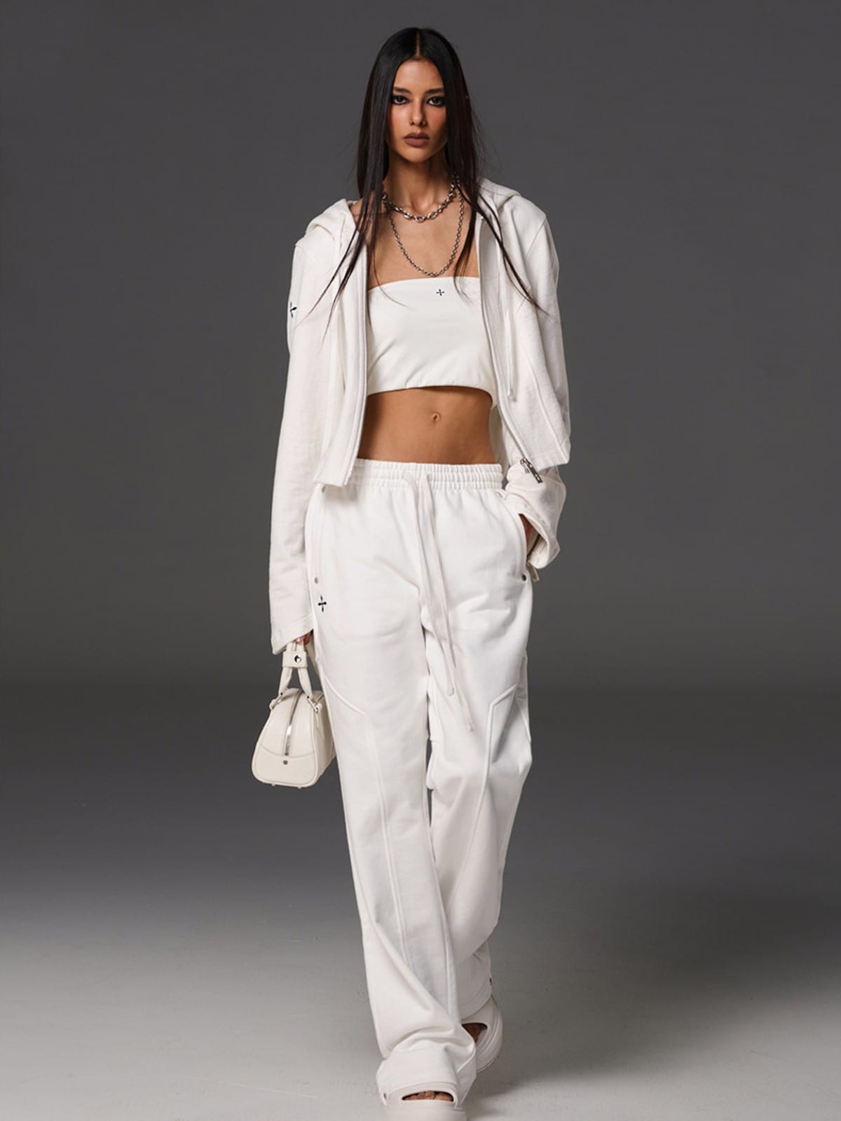 SMFK Cotton Blend Zip Up Hoodie in White - On Female Model