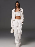 SMFK Cotton Blend Zip Up Hoodie in White - On Female Model