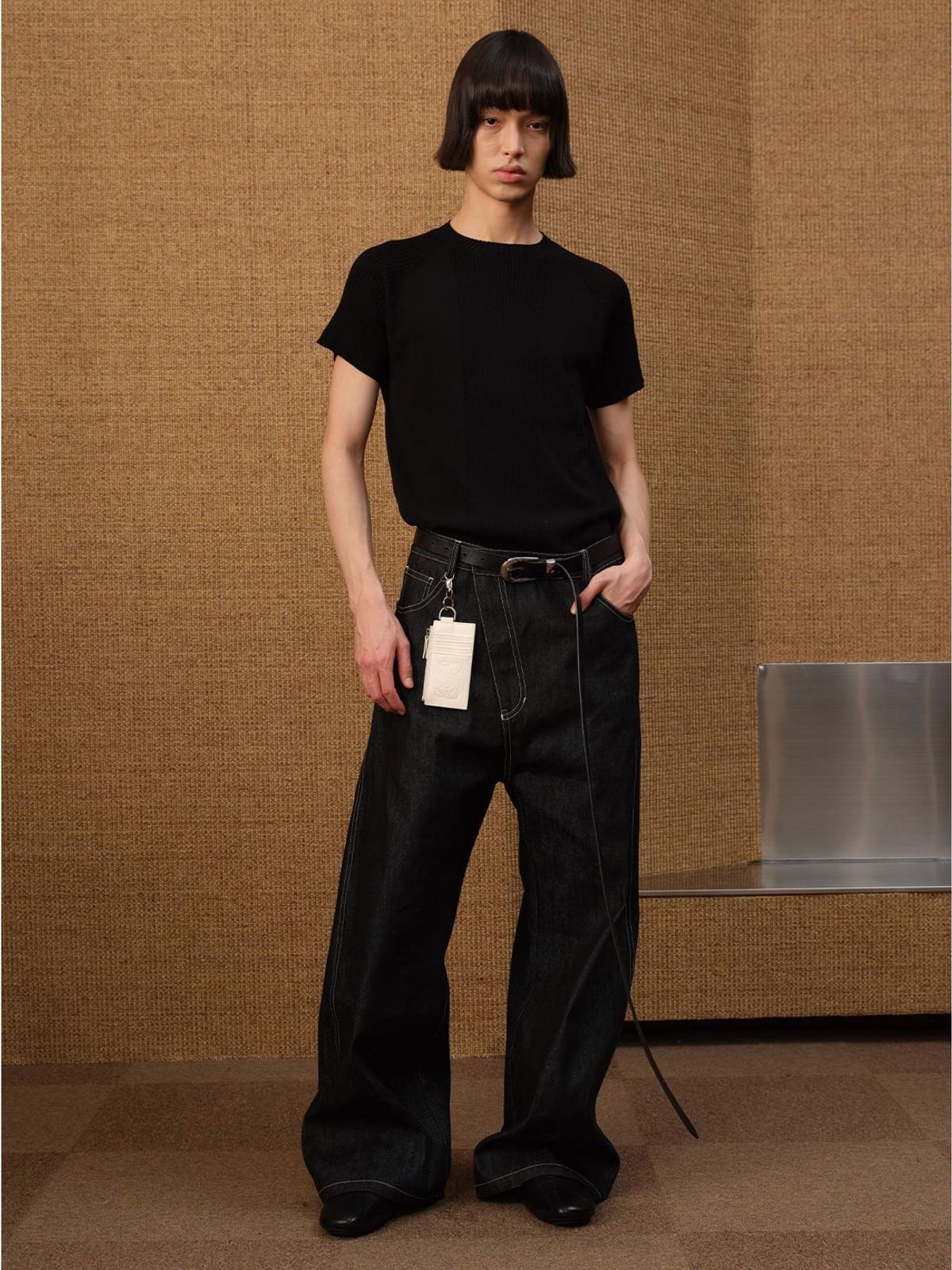 JCAESAR STUDIO Ribbed Ice Silk Raglan T Shirt in Black - On Male Model
