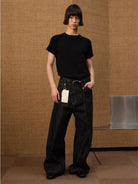 JCAESAR STUDIO Ribbed Ice Silk Raglan T Shirt in Black - On Male Model
