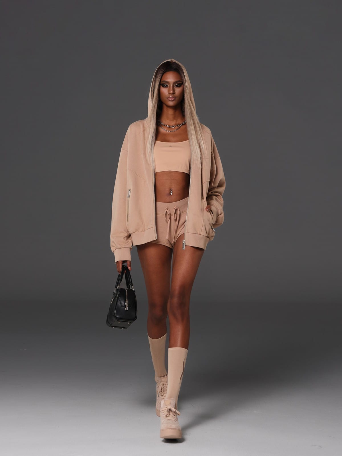 SMFK Cotton Wool Oversized Zip Up Hoodie in Beige - On Female Model