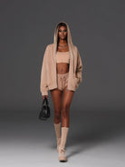 SMFK Cotton Wool Oversized Zip Up Hoodie in Beige - On Female Model