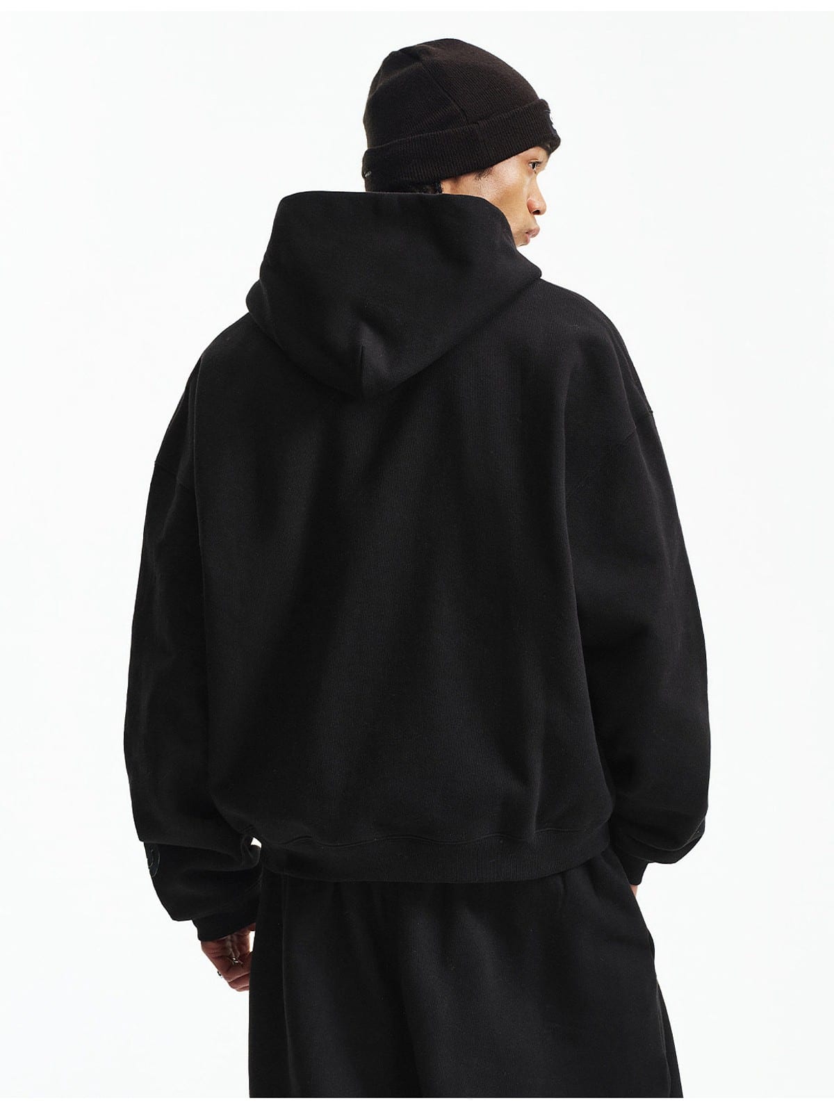 MEDM 3D Logo Two Way Zip Cotton Hoodie in Black - On Male Model