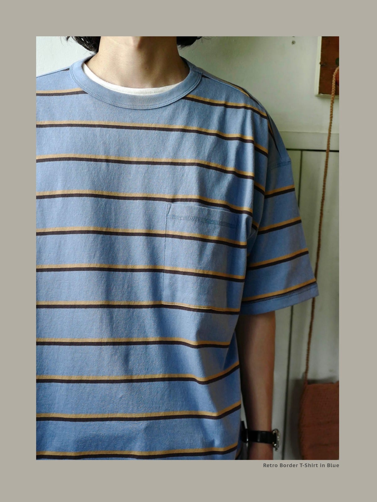 USAGE Retro Striped Cotton T Shirt in Blue - On Male Model