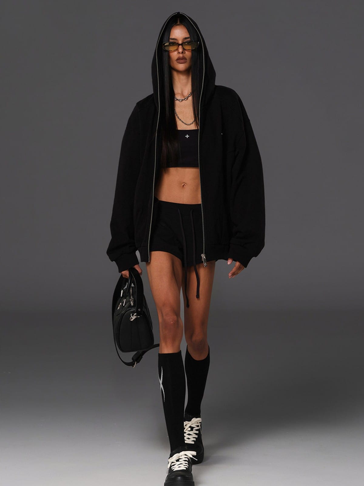 SMFK Oversized Cotton Wool Zip Up Hoodie in Black - On Female Model