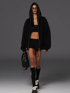 SMFK Oversized Cotton Wool Zip Up Hoodie in Black - On Female Model