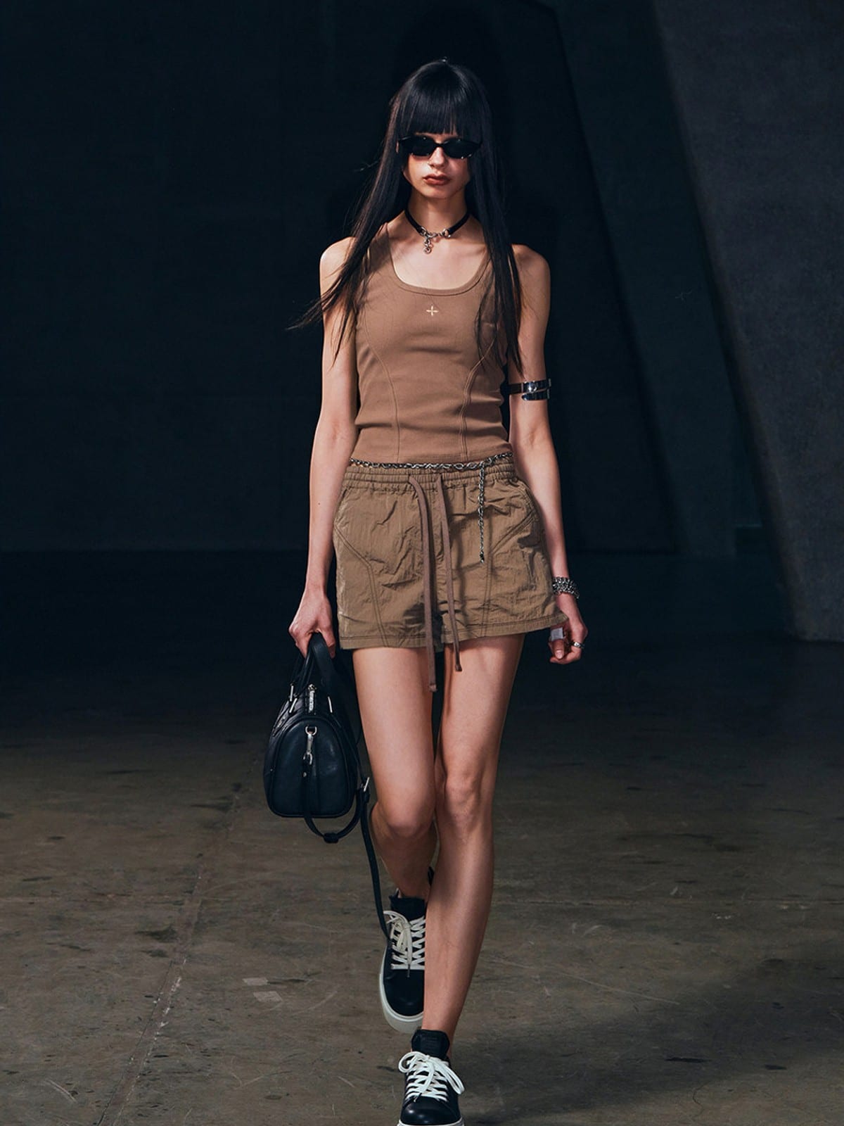 SMFK Lightweight Drawstring Track Shorts in Brown - On Female Model