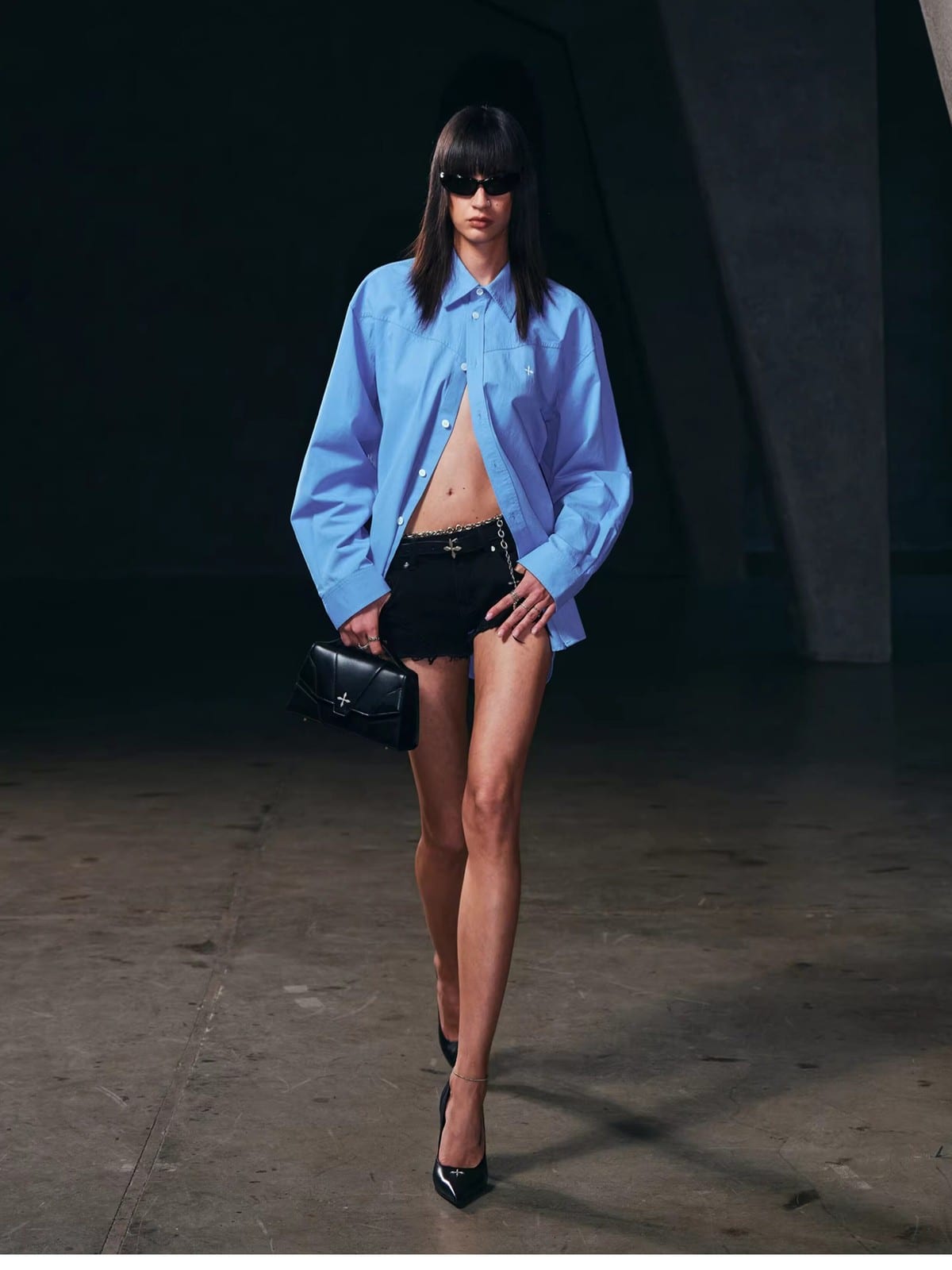 SMFK Cross Badge Cotton Cargo Shirt in Sky Blue - On Female Model