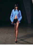 SMFK Cross Badge Cotton Cargo Shirt in Sky Blue - On Female Model