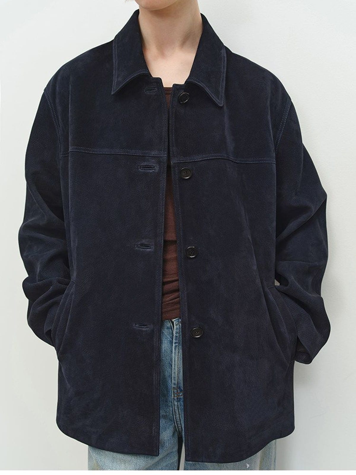 MSBEAST Oversized Lapel Sheepskin Jacket in Navy Blue - On Female Model