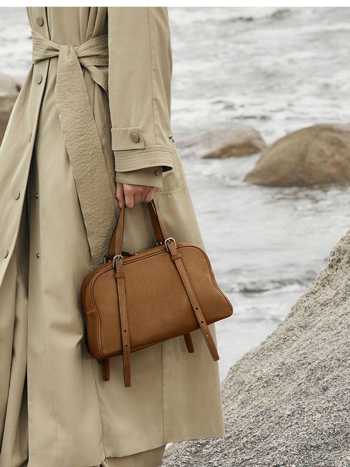 QIUZHEN Vegetable Tanned Kidskin Bowling Bag in Gray - On Model