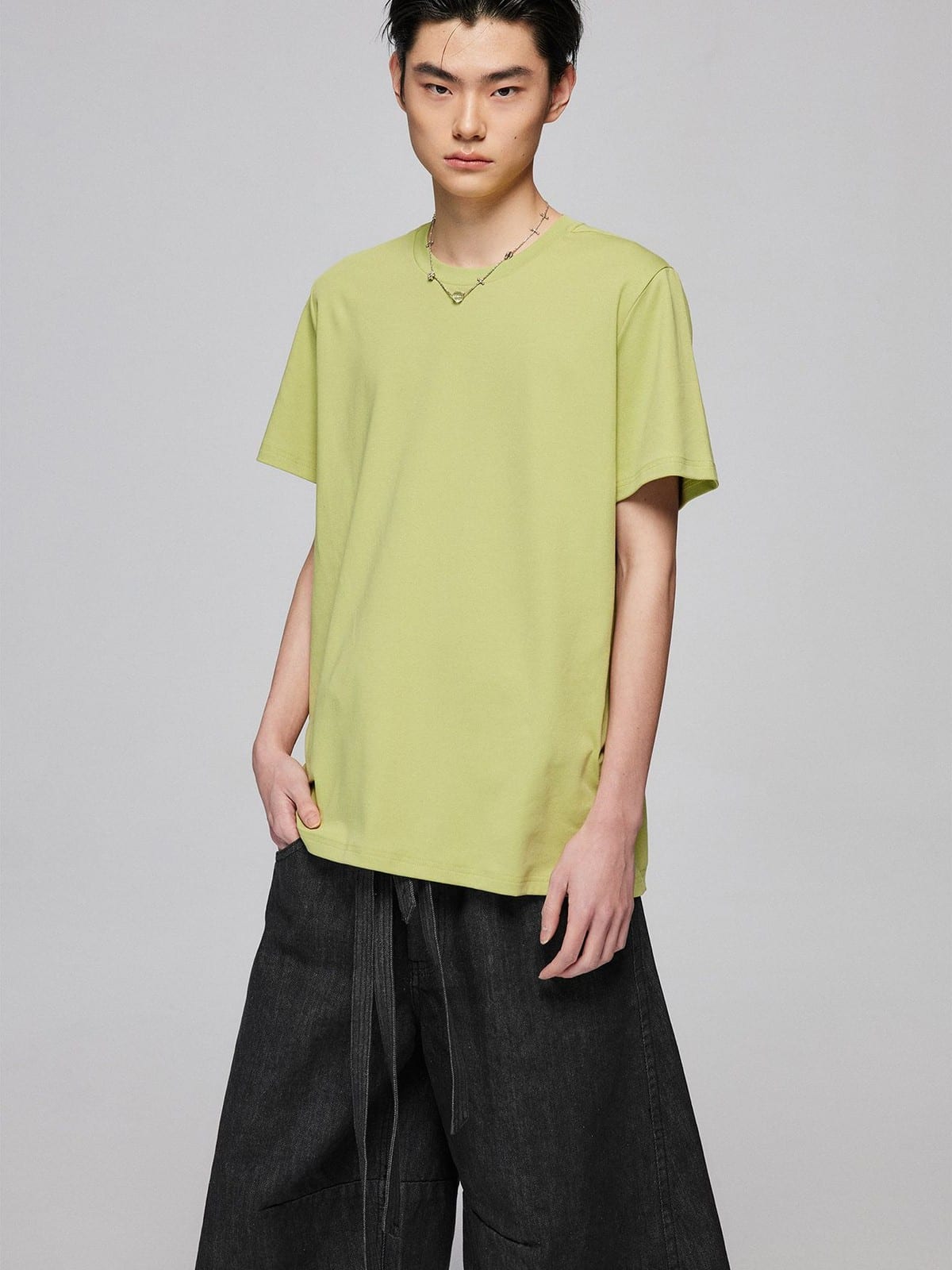 SIMPLE PROJECT Misaligned Seam Crewneck T Shirt in Green - On Male Model