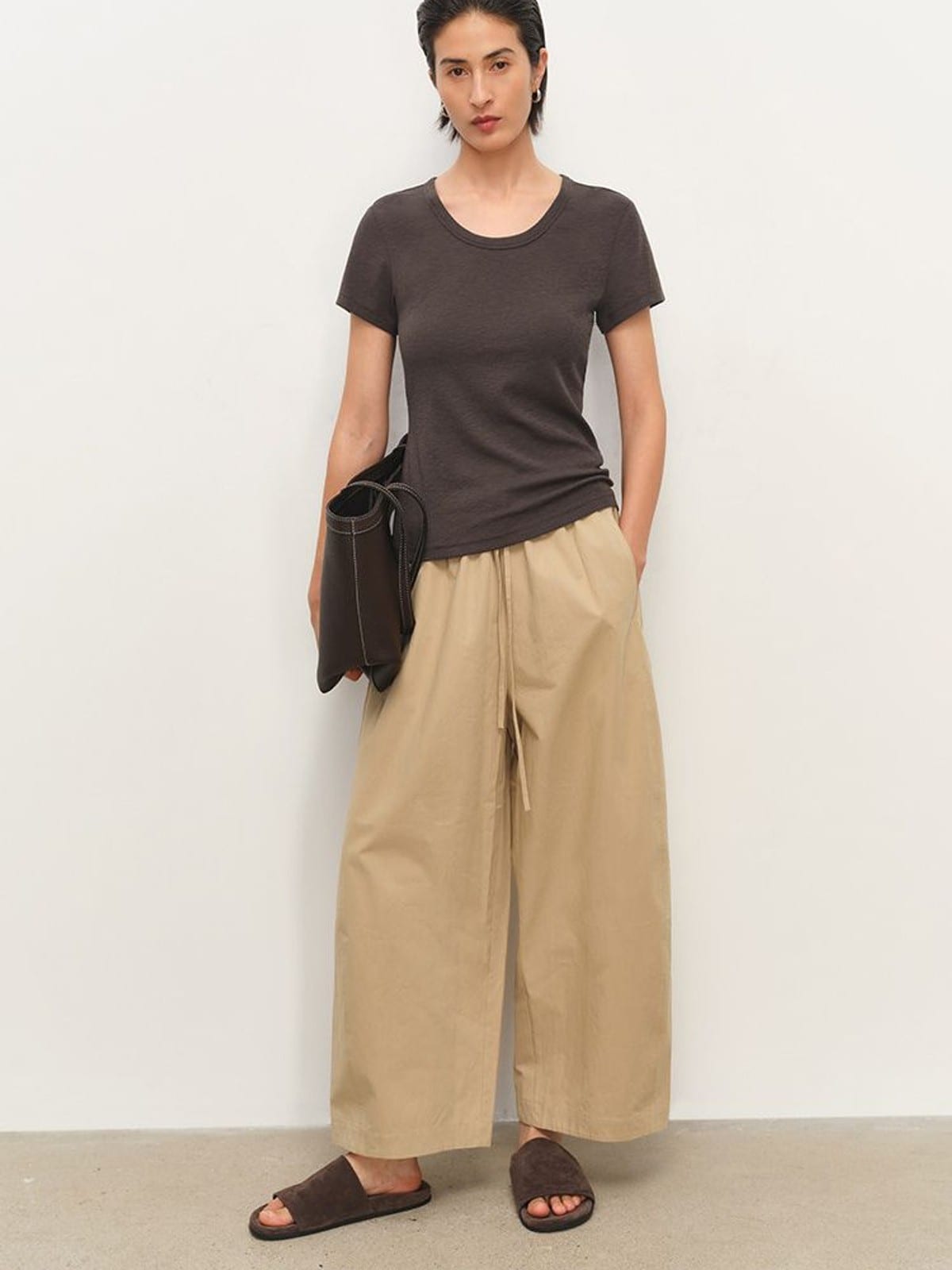 MSBEAST Paper Texture Cotton Balloon Pants in Beige - On Female Model