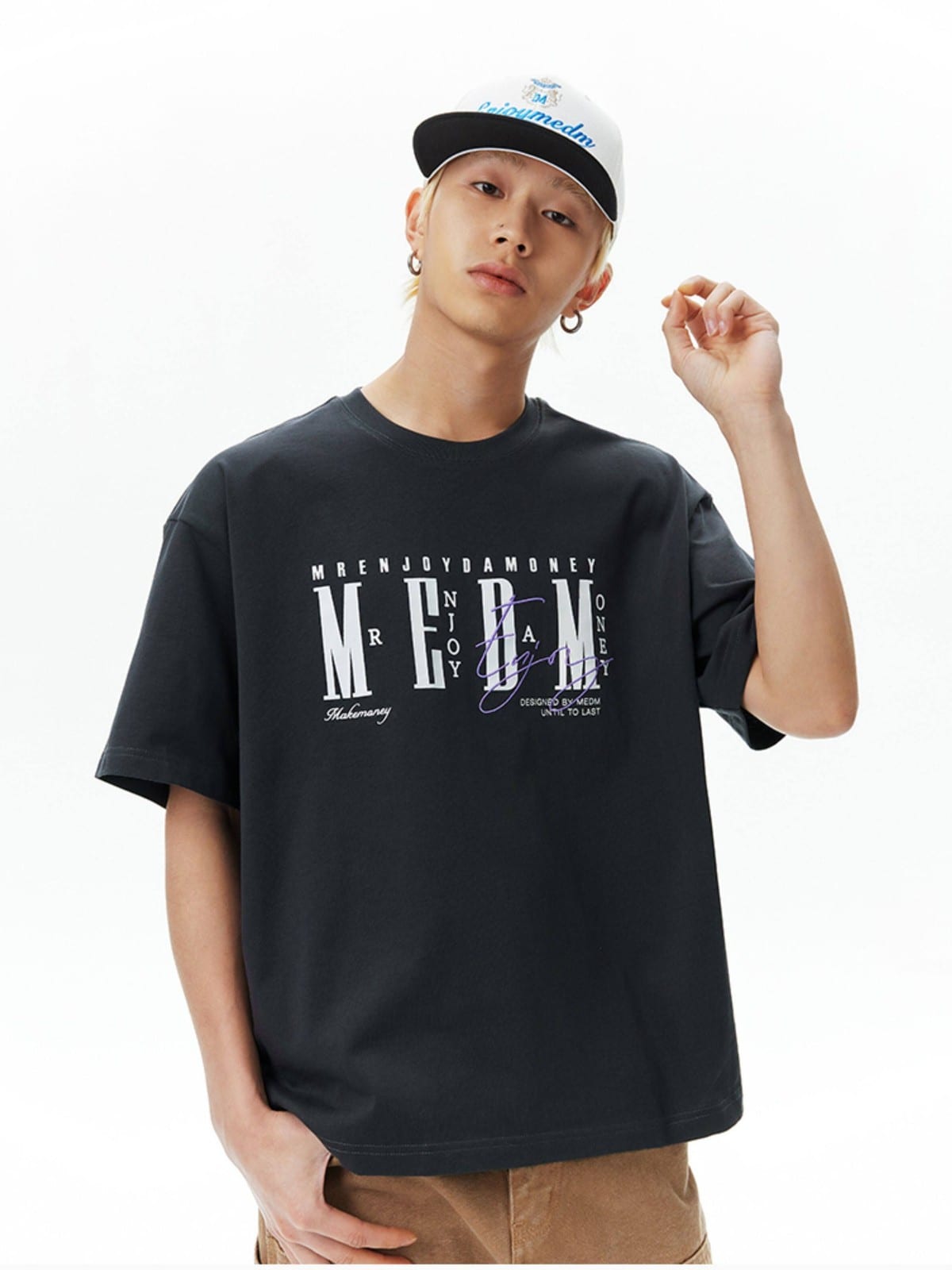 MEDM Vintage Logo Typography Cotton T Shirt in Gray - On Male Model