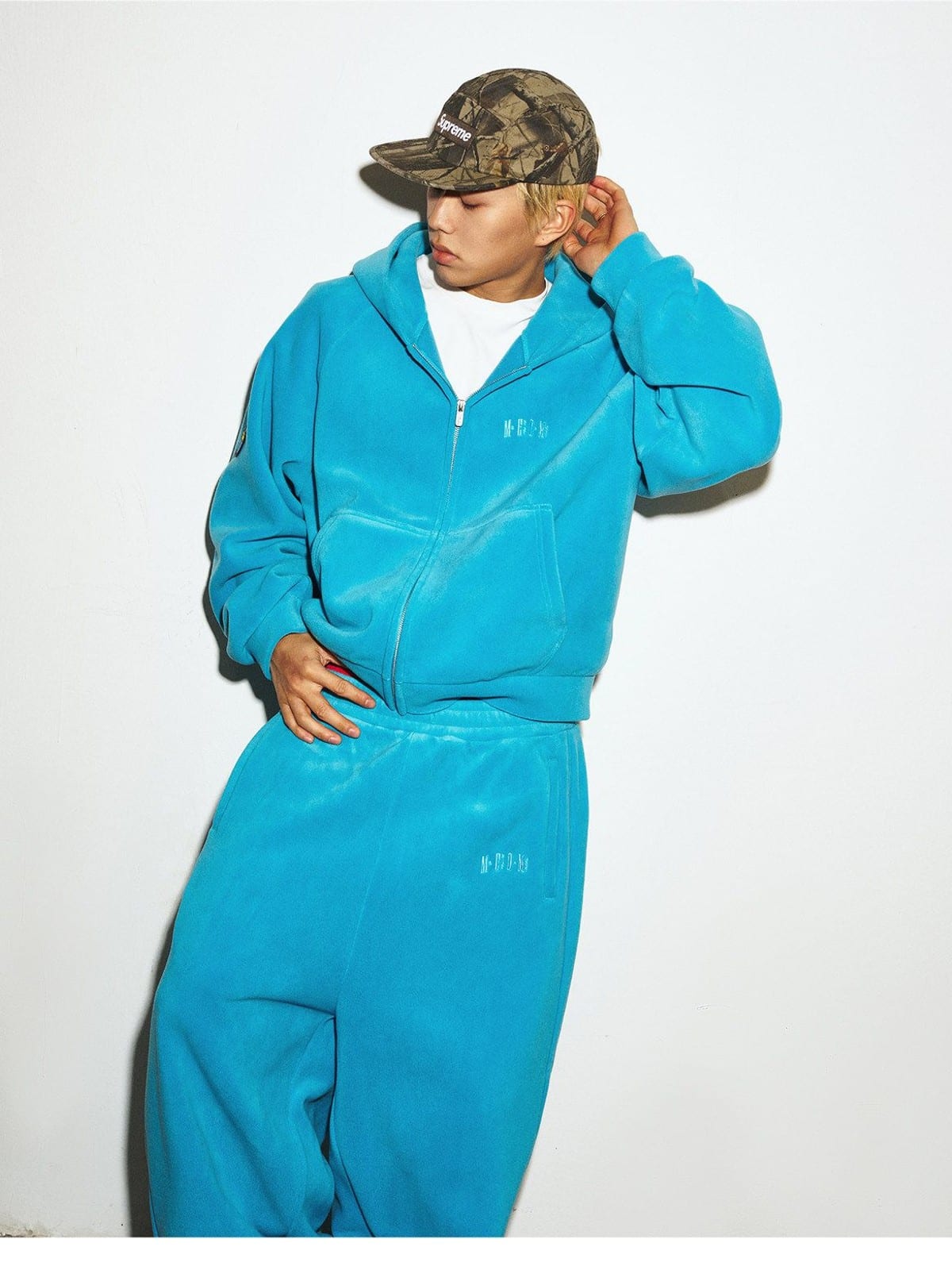 MEDM Polar Fleece Zip Up Hoodie in Sky Blue - On Male Model
