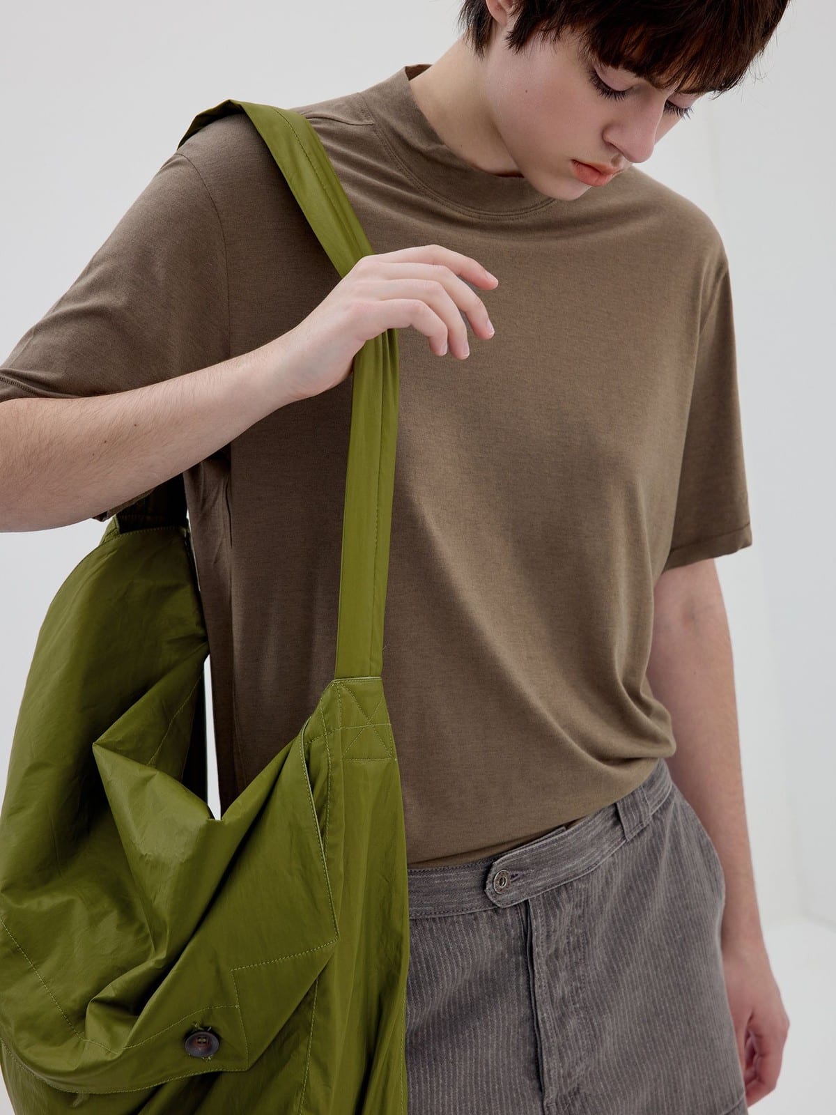 SIMPLE PROJECT Wool Blend Mock Neck T Shirt in Beige - On Male Model