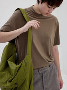 SIMPLE PROJECT Wool Blend Mock Neck T Shirt in Beige - On Male Model