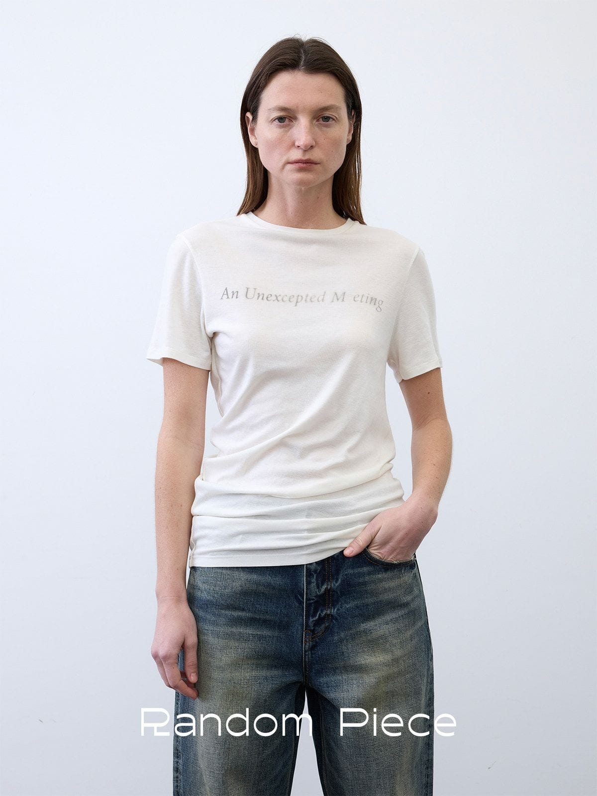 Random Piece Lyocell Blend Letter Print T Shirt in White - On Female Model