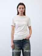Random Piece Lyocell Blend Letter Print T Shirt in White - On Female Model