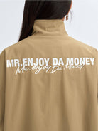 MEDM Nylon Stand Collar Coach Jacket in Beige - On Model