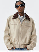MEDM Embroidered Harrington Jacket in Beige - On Male Model