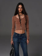 SMFK Ribbed Zip Up Cropped Cardigan in Brown - On Female Model