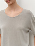 MSBEAST Rolled Edge Silk Cotton U Neck T Shirt in Gray - On Female Model