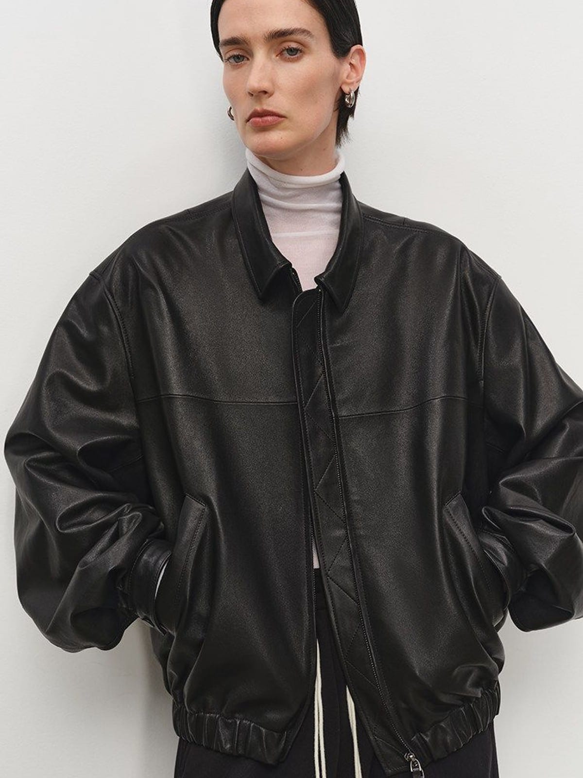 MSBEAST Broad Shoulder Sheepskin Jacket in Black - On Female Model