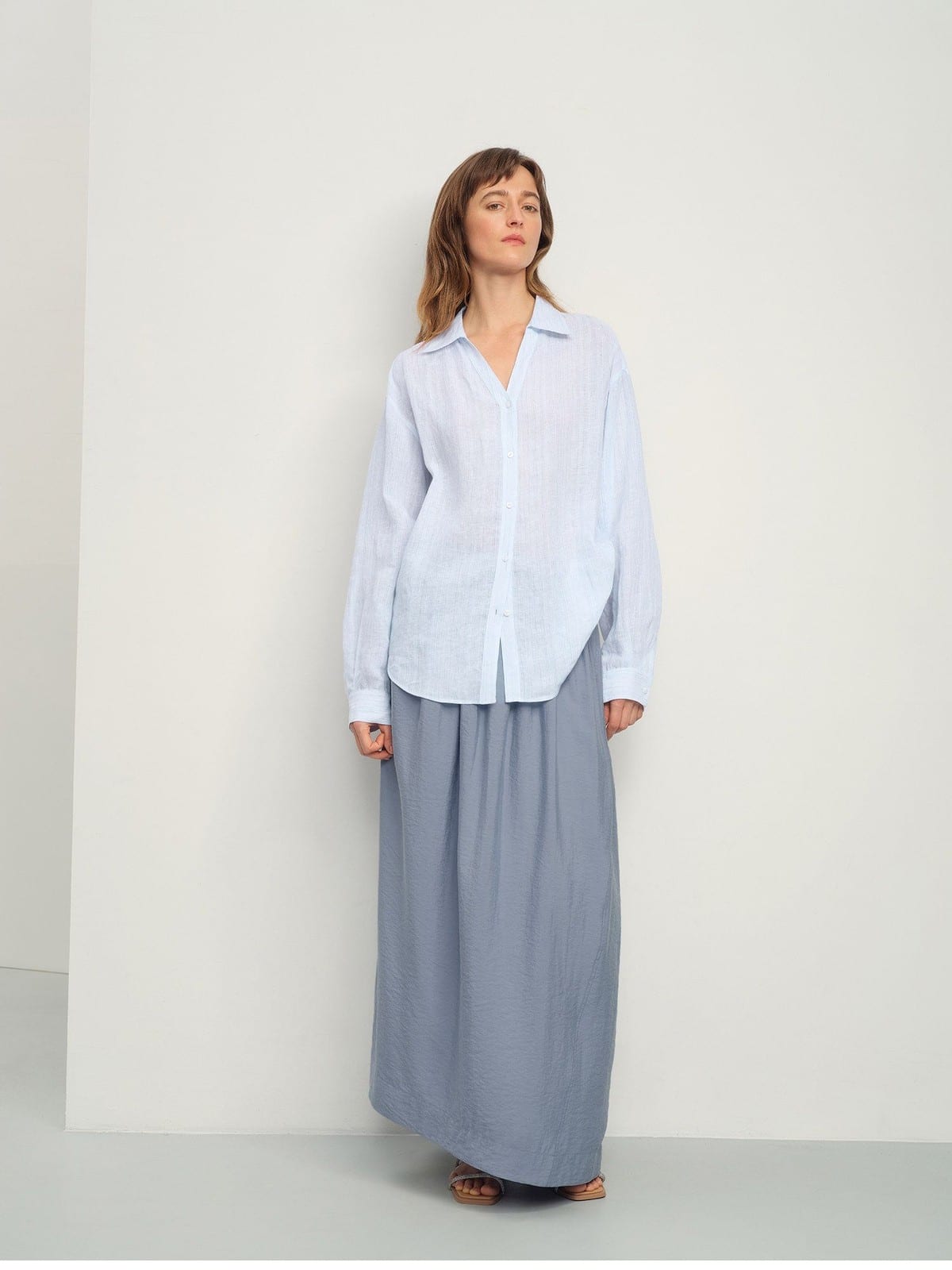 TEASEL Crinkled Silk Blend Shirt Pants Set in Sky Blue - On Female Model