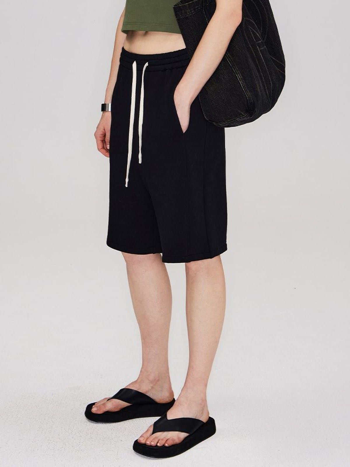 RARELY ALIKE Cotton Drawstring Sweat Shorts in Black - On Female Model