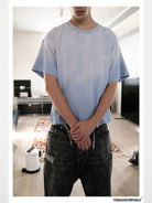 UNKNOWNWORLD Small Logo Cotton T Shirt in Sky Blue - On Male Model