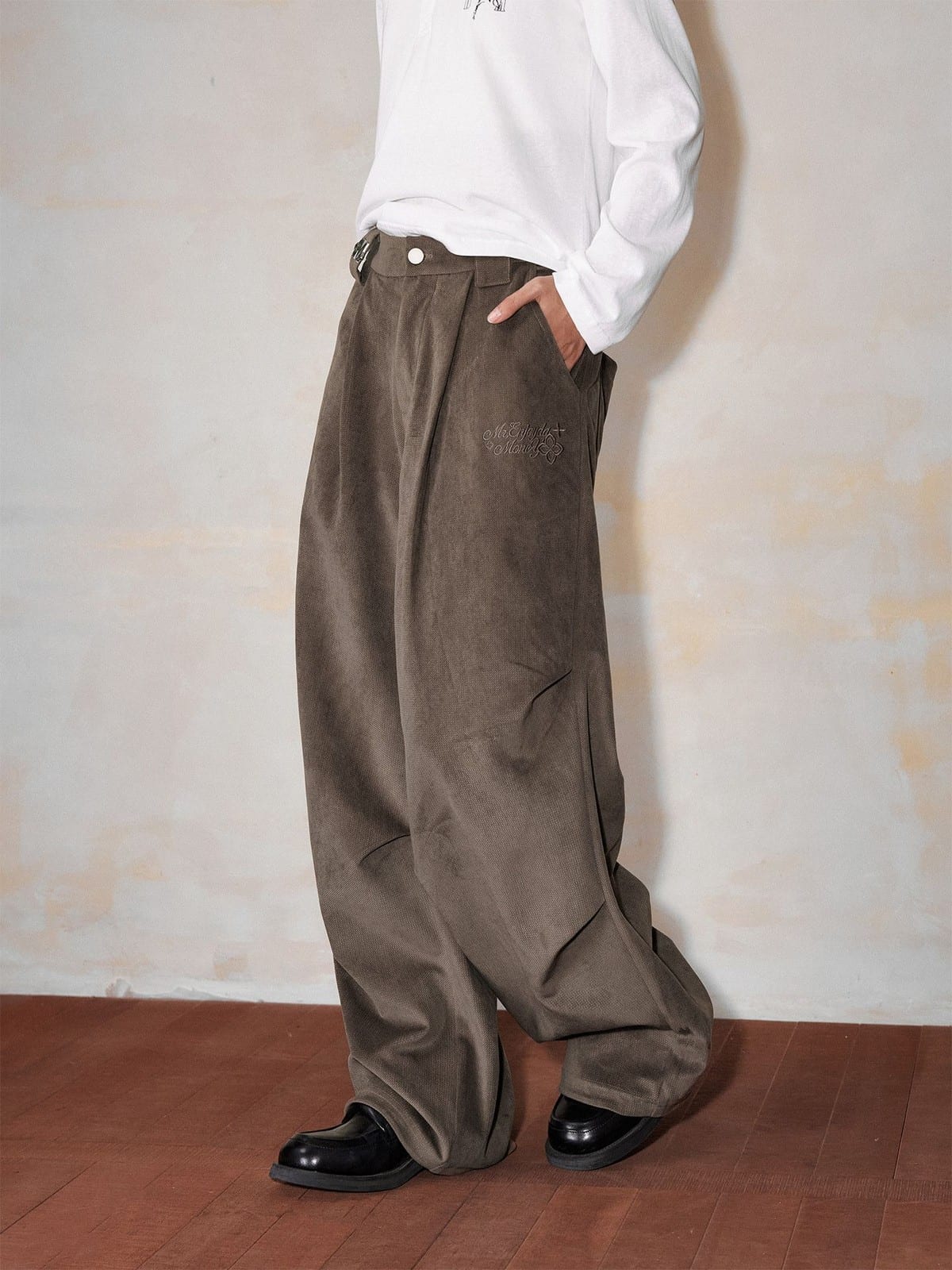 MEDM Wide Leg Parachute Cargo Pants in Brown - On Model