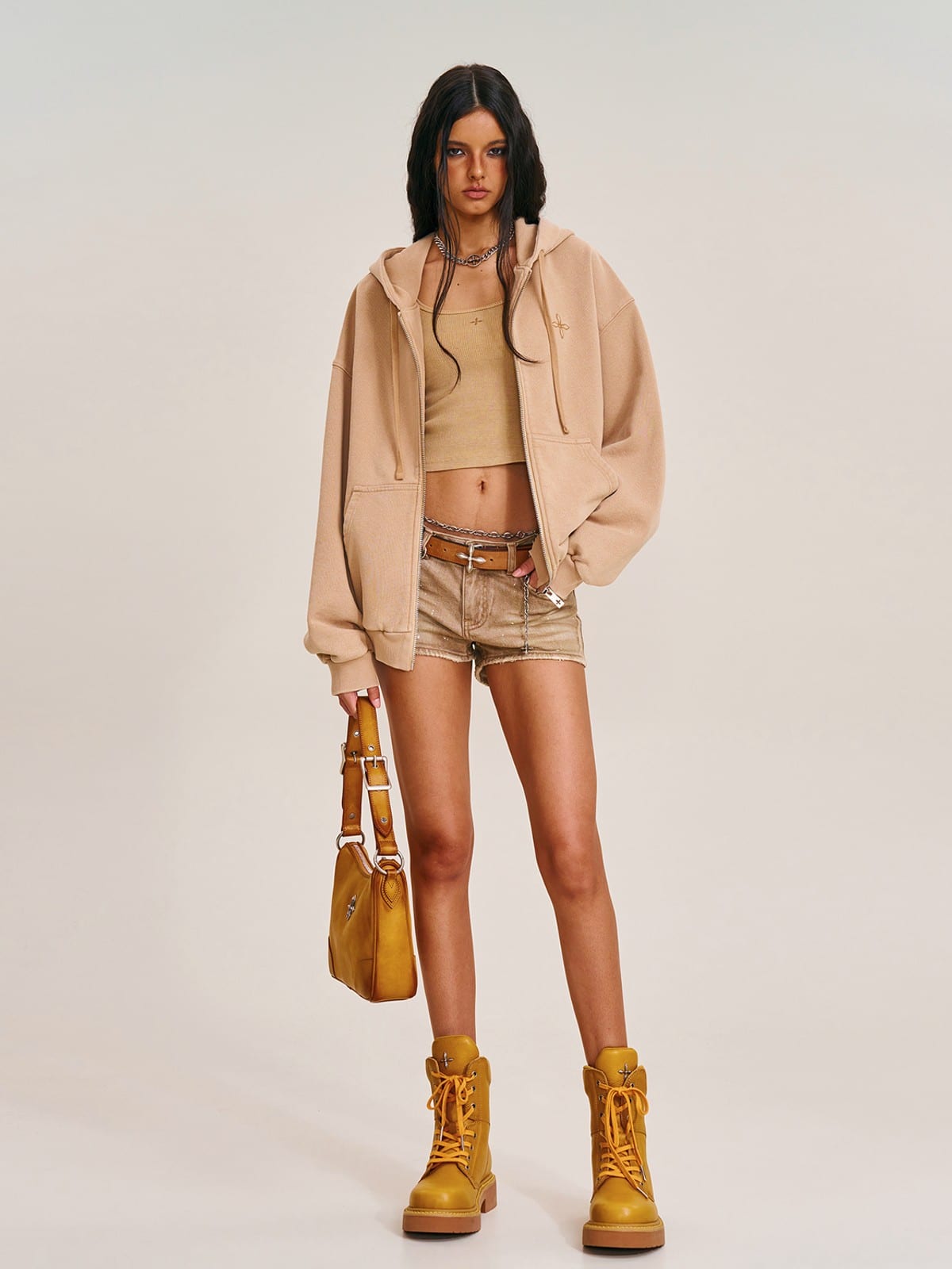 SMFK Cross Embroidered Zip Up Hoodie in Beige - On Female Model