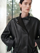 MSBEAST Drawstring Sheep Leather Jacket in Black - On Female Model