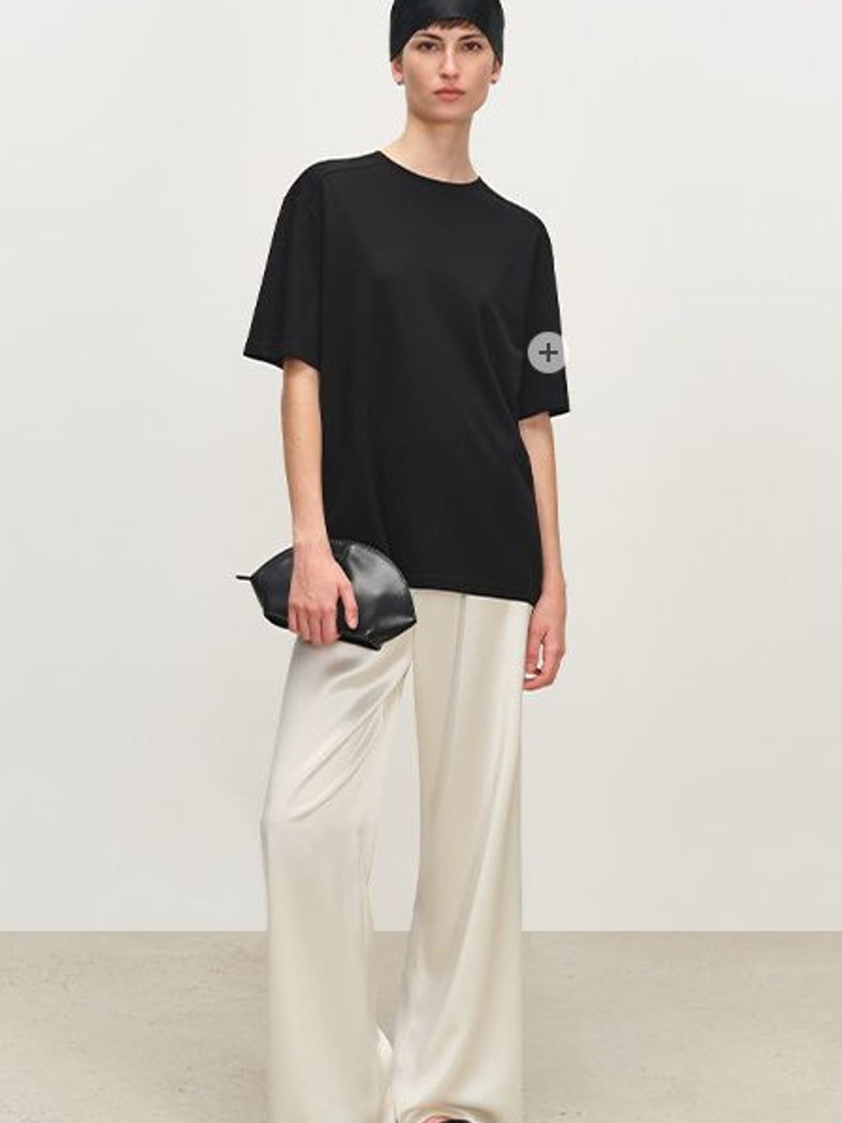 MSBEAST Oversized Acetate Satin T Shirt in Black - On Female Model