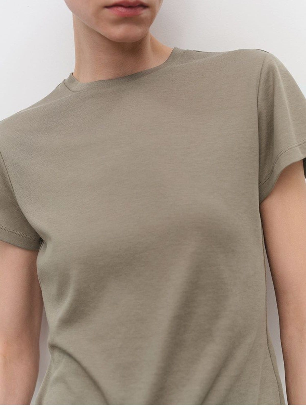 MSBEAST Acetate Cotton Flutter Sleeve T Shirt in Beige - On Female Model